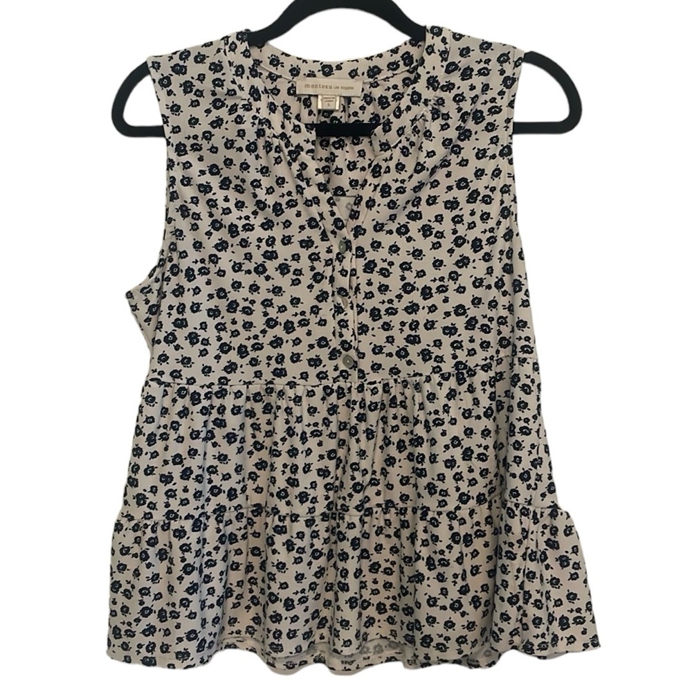 Monteau LA Top Blouse L Large Tiered Button Floral V Neck Shirt B&W Juniors